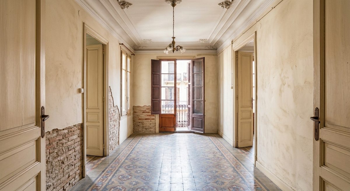 Antes: salón sin enlucir en el Eixample
