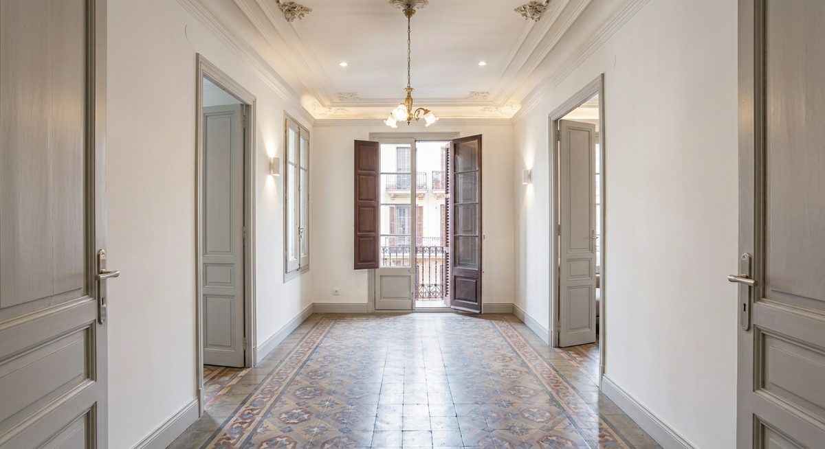 Después: salón enlucido en el Eixample