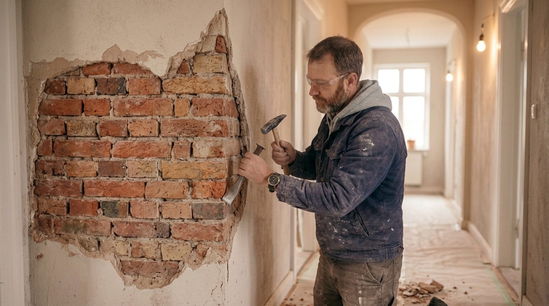 Profesional repicando yeso viejo sobre ladrillo