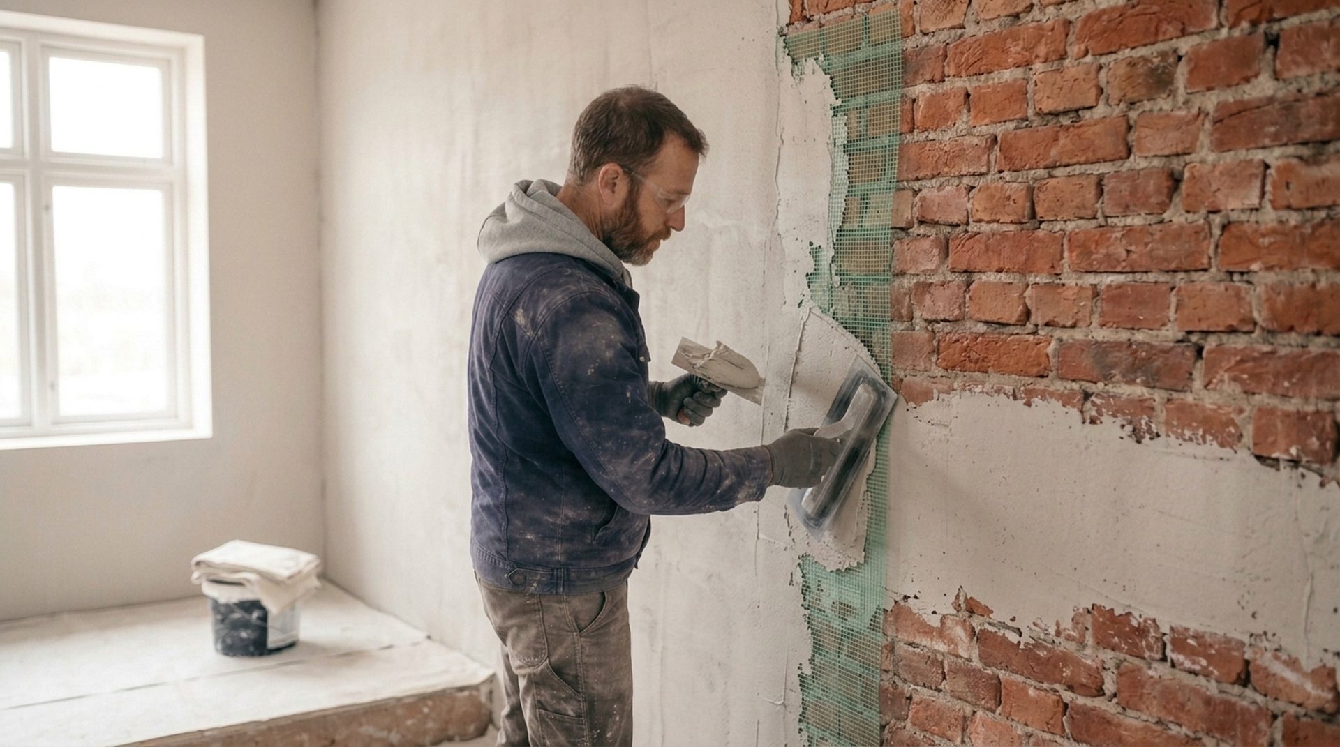 Yesista profesional enluciendo una pared