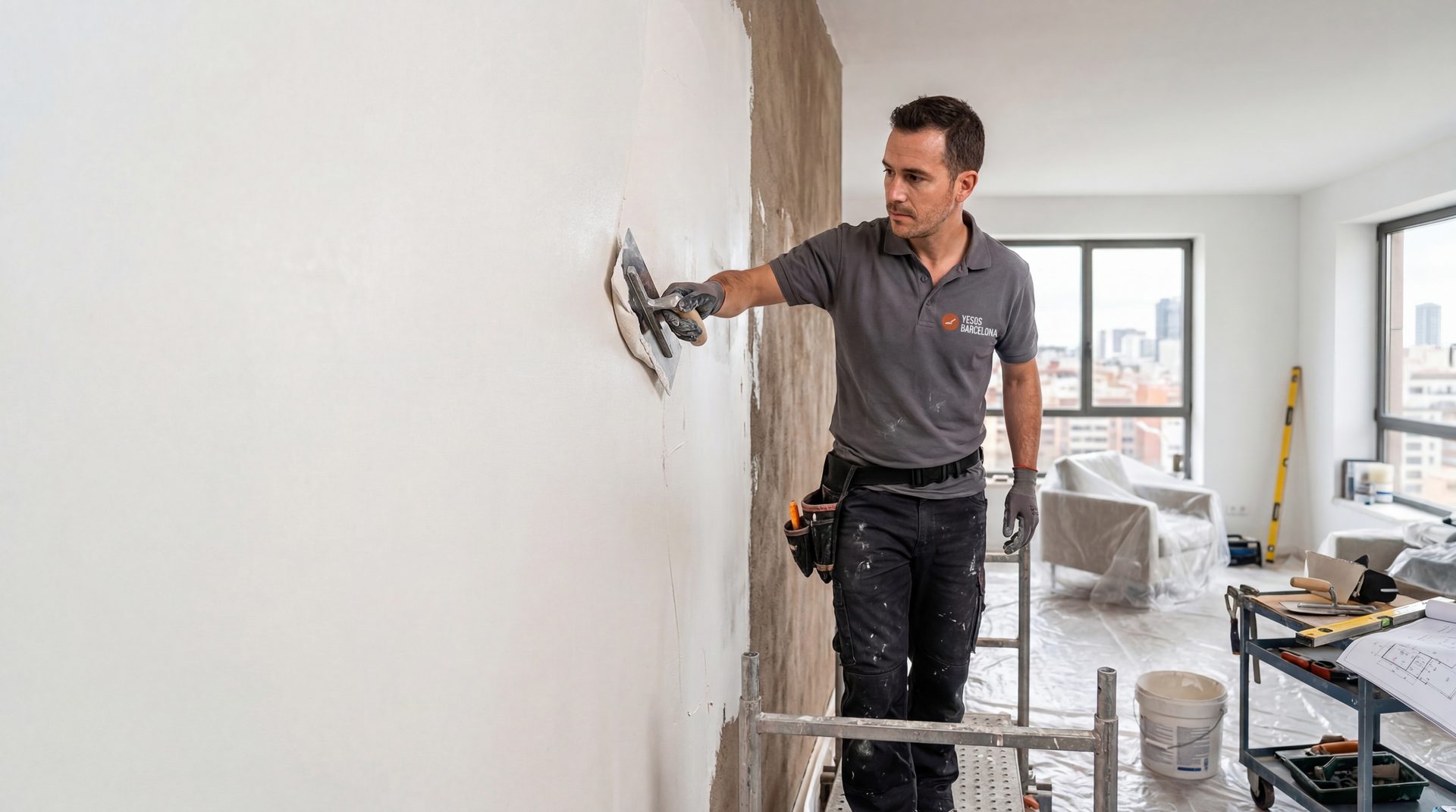 Yesista profesional enluciendo una pared en Barcelona