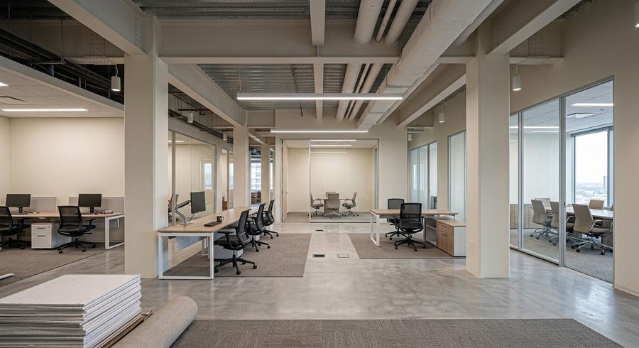 Después: oficina acabada con trasdosados